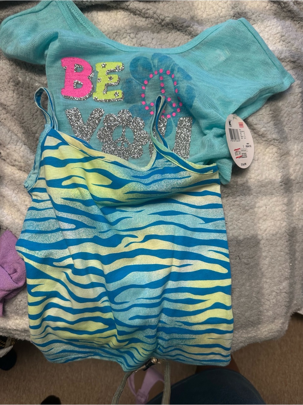 Girls' Aqua & Yellow Zebra Tank Dress with Glitter 'BE' Top